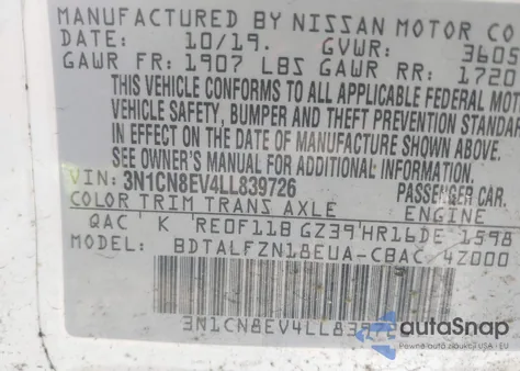 2020 Nissan Versa Sv Xtronic Cvt from USA, damaged, VIN 3N1CN8EV4LL839726